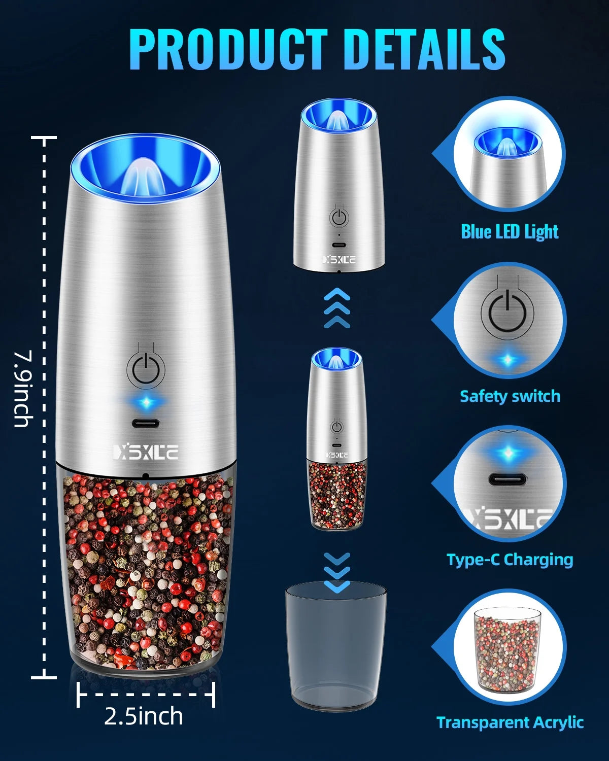 Rechargeable Gravity Electric Spices Grinder, No Battery Needed