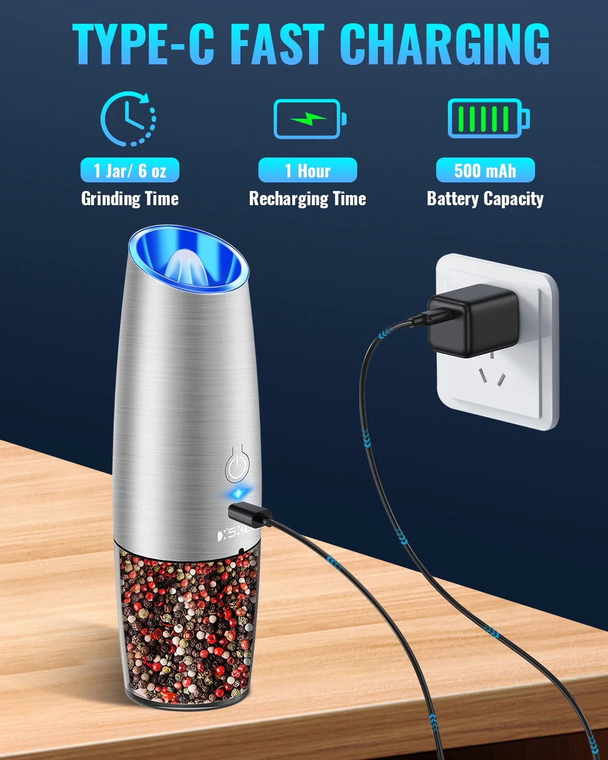 Rechargeable Gravity Electric Spices Grinder, No Battery Needed