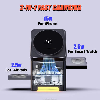 3 in 1 Cube Wireless Charger Auto Rotation Magnetic 15W Wireless Charging Station for Iphone 16 15 14 13 12 Iwatch Airpods